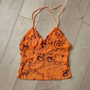 Orange Y2K Sequin Floral Cami Top - Women